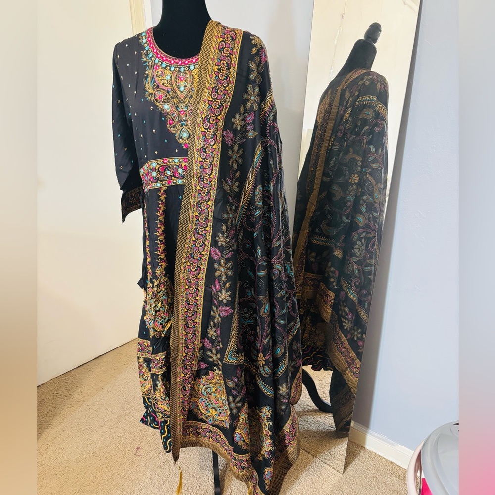 Elegant Black and Gold Embroidered and painted Dress